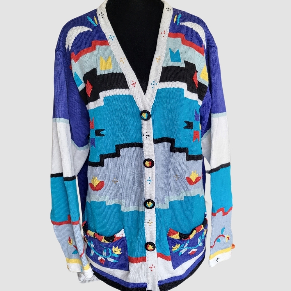 Storybook Knits Size 1X Vintage Western, Aztec Button Cardigan Sweater Teacher